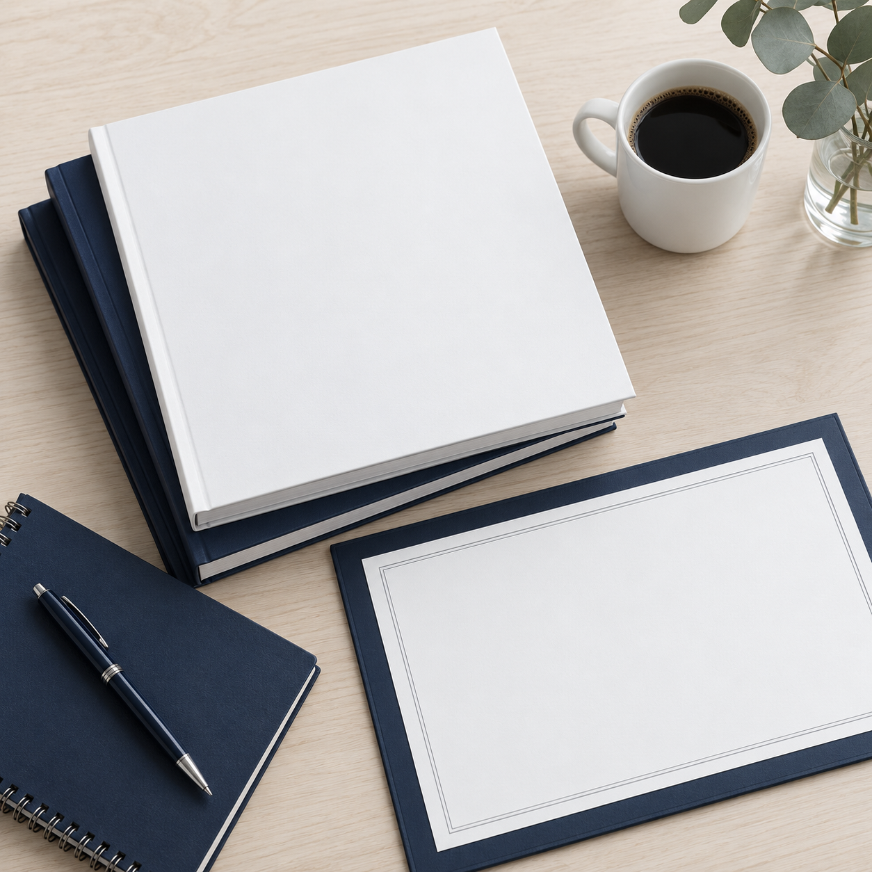 Board education materials on a pale oak desk with coffee and eucalyptus
