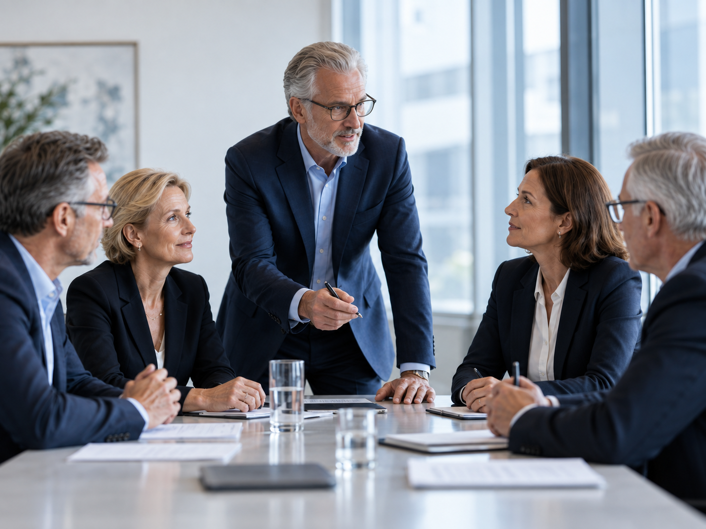 A senior director presenting to fellow executives around a boardroom table
