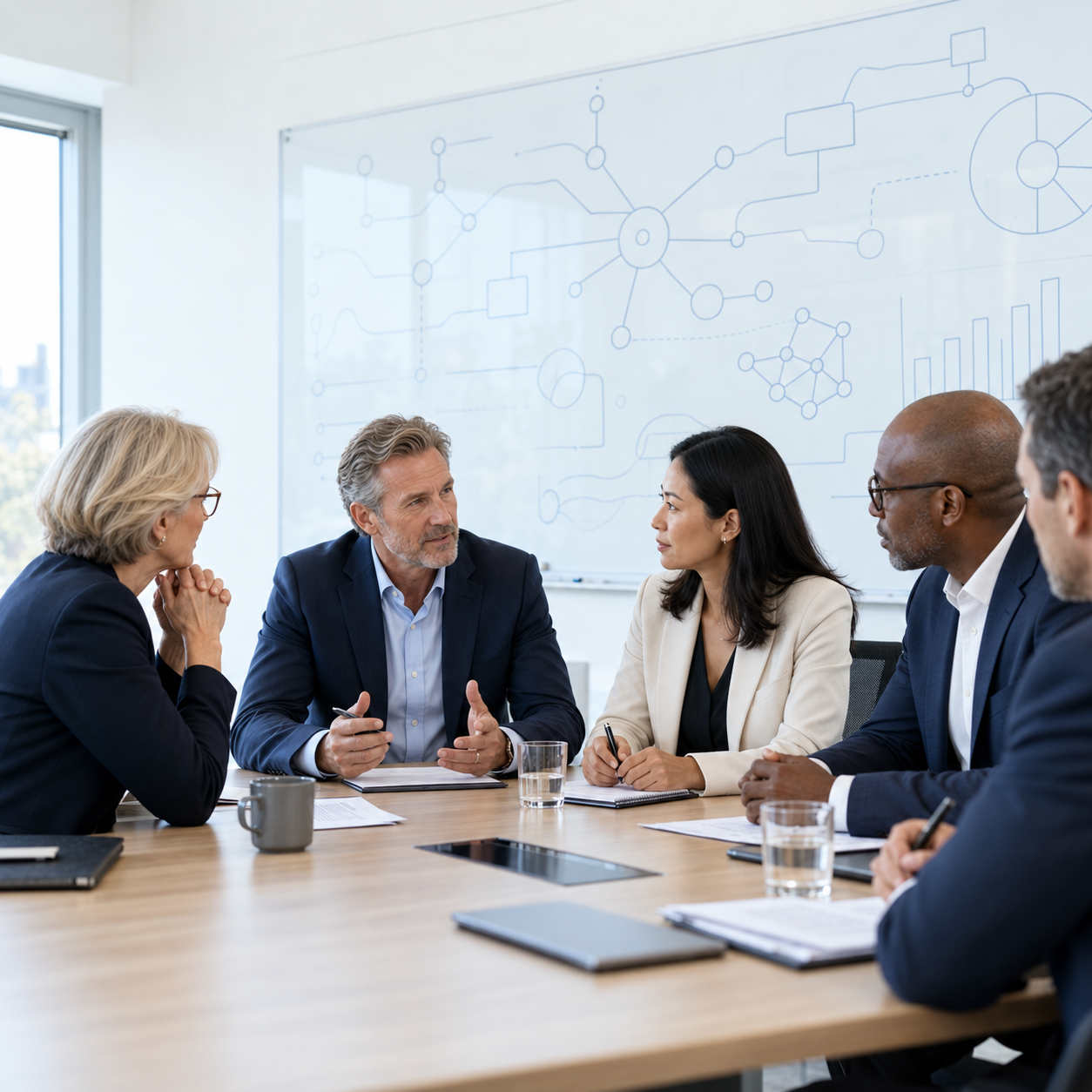 Executives reviewing strategy at a whiteboard during a governance meeting